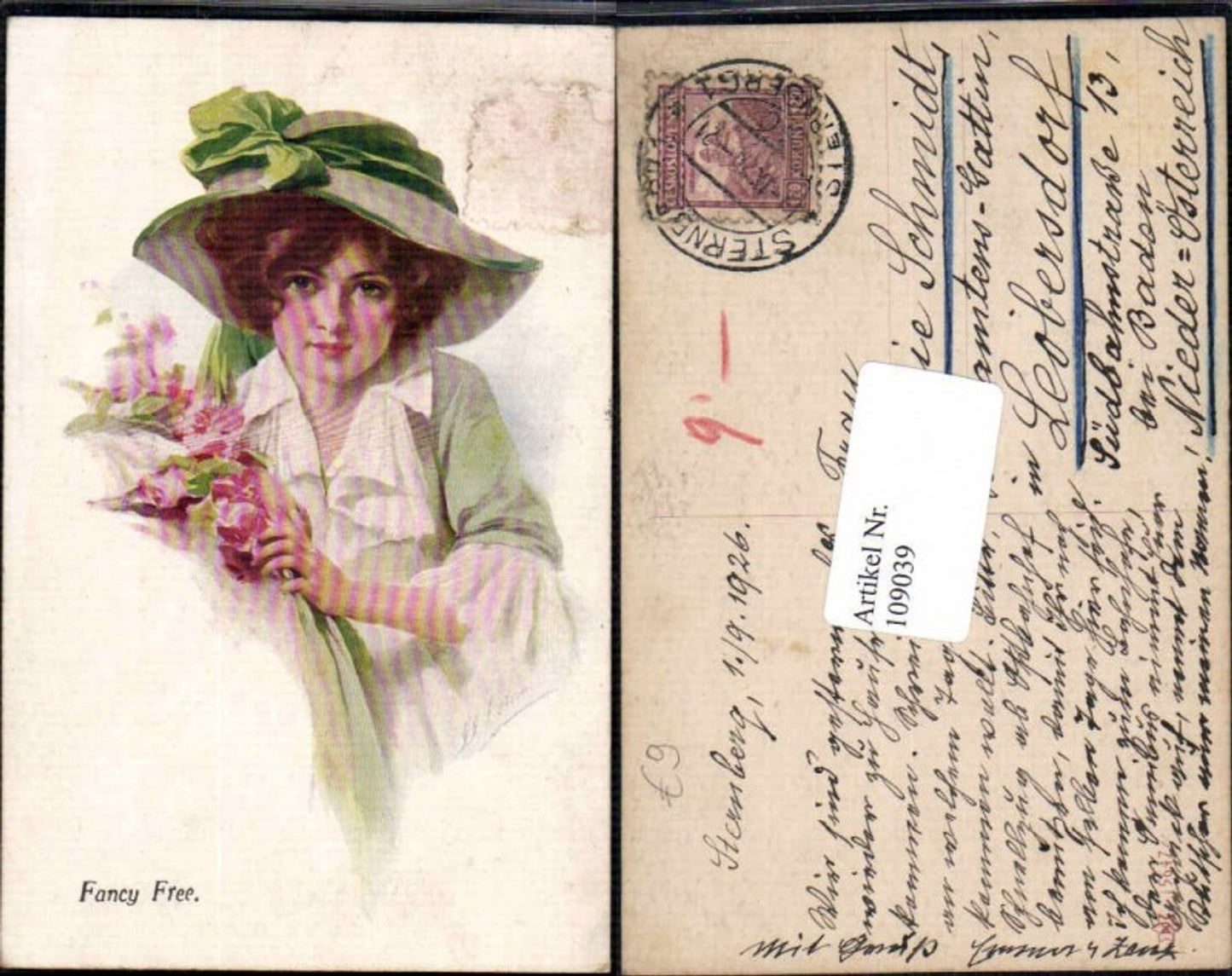 109039,Fancy Free Art Nouveau Jugendstil Mädchen m. Hut Hat Edwardian Fashion