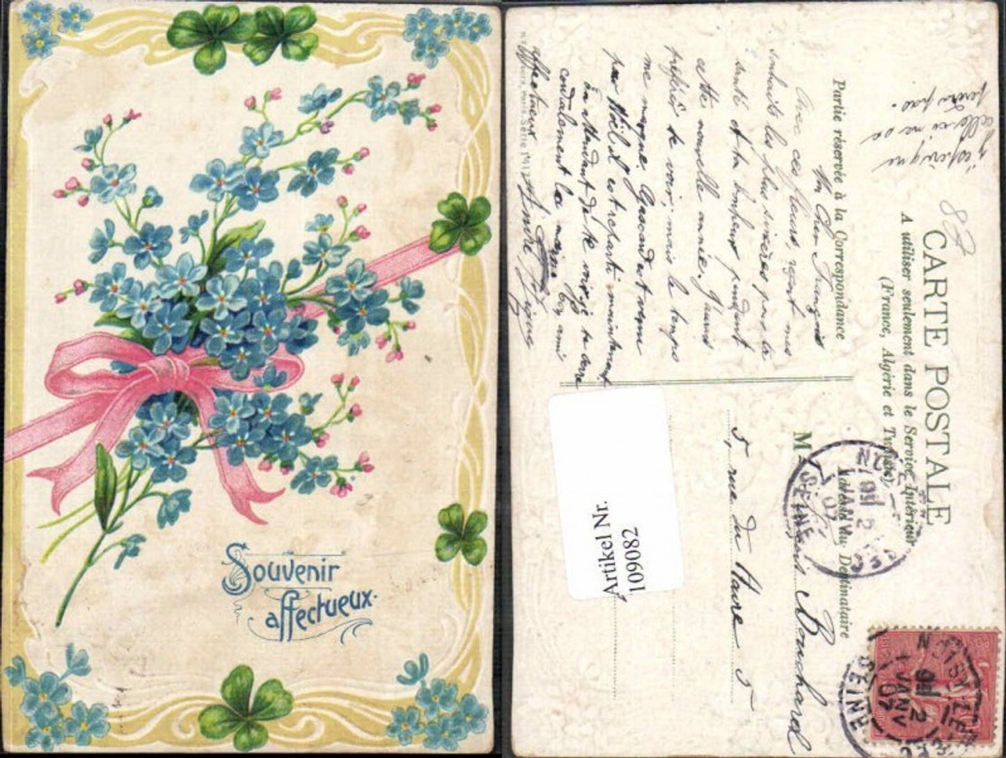 109082,Tolle Präge Litho Klee Kleeblatt Veilchen