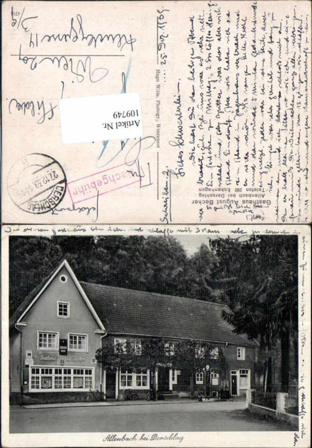 109749,Allenbach Derschlag Gummersbach Gasthaus Becker Nachgebühr Eckenhagen Feldpost