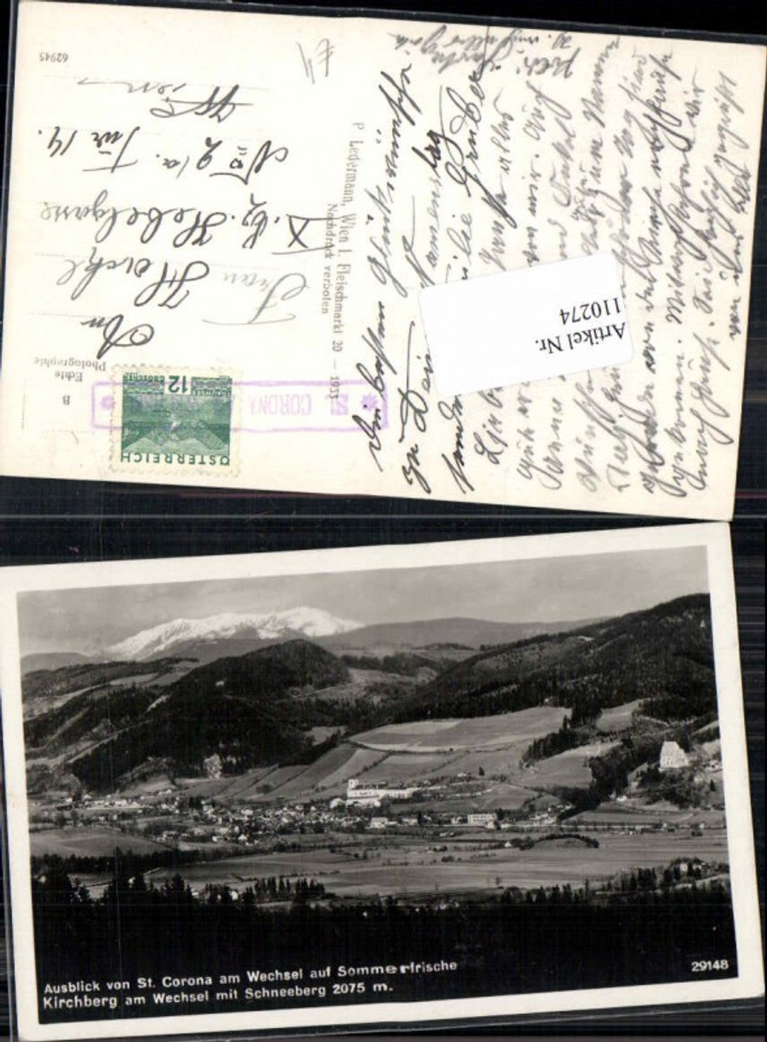110274,Kirchberg am Wechsel m. Schneeberg St Corona 1933 Postablage