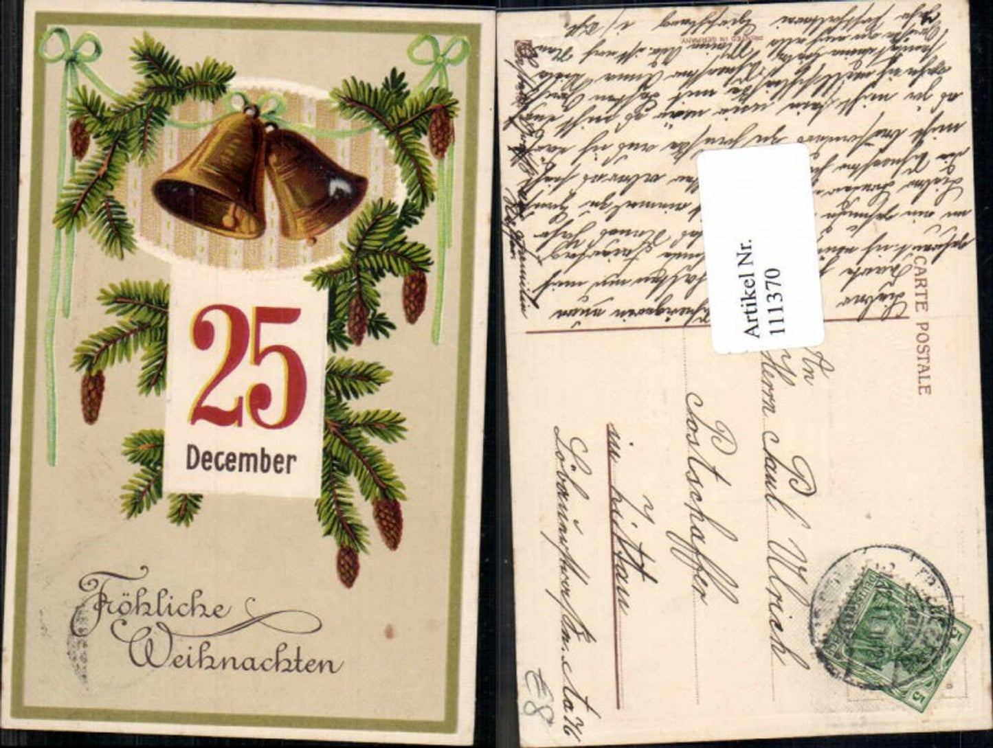 111370, Christmas Great embossing lithograph 25 December bells branches
