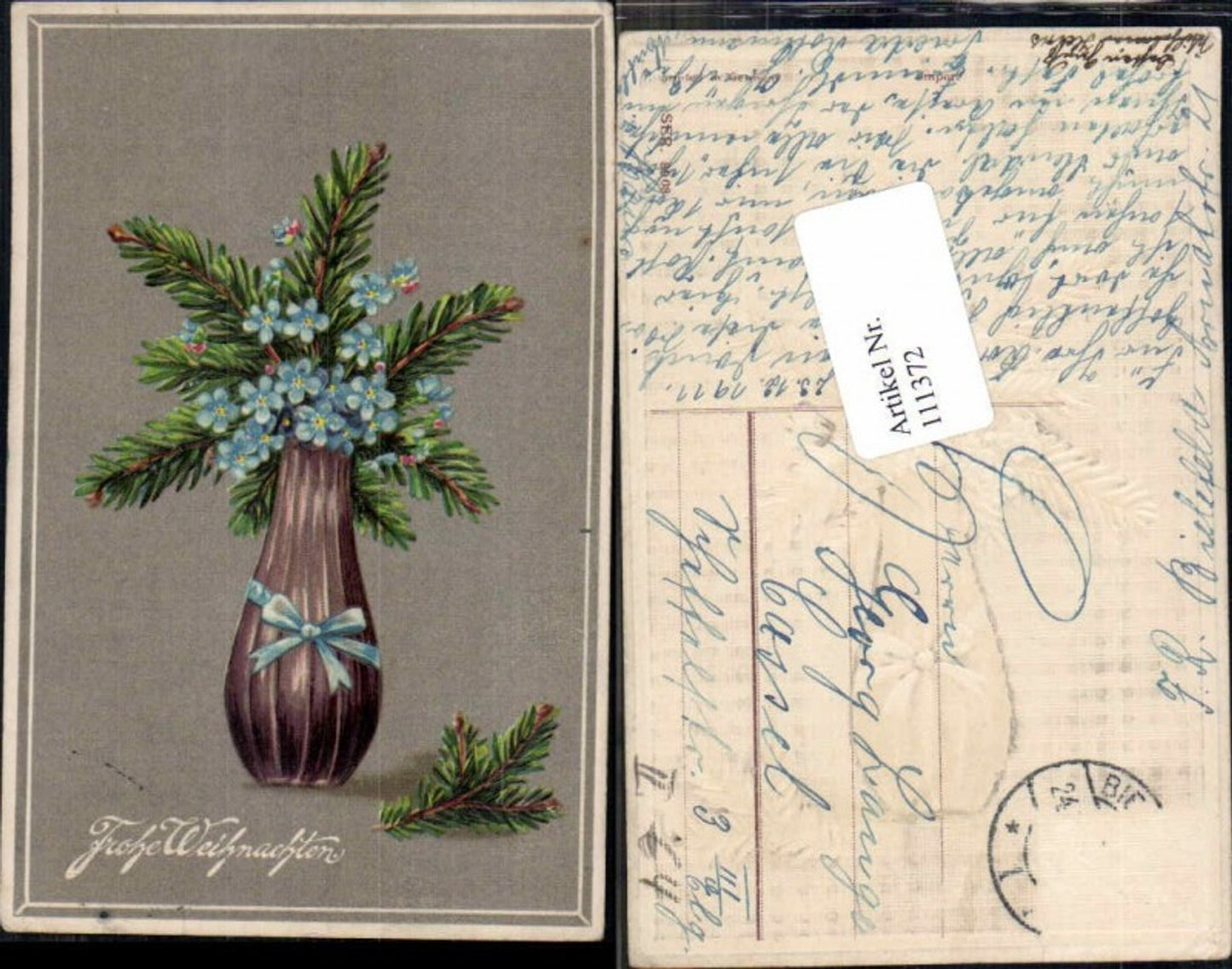 111372, Christmas embossed lithograph vase flowers fir branches
