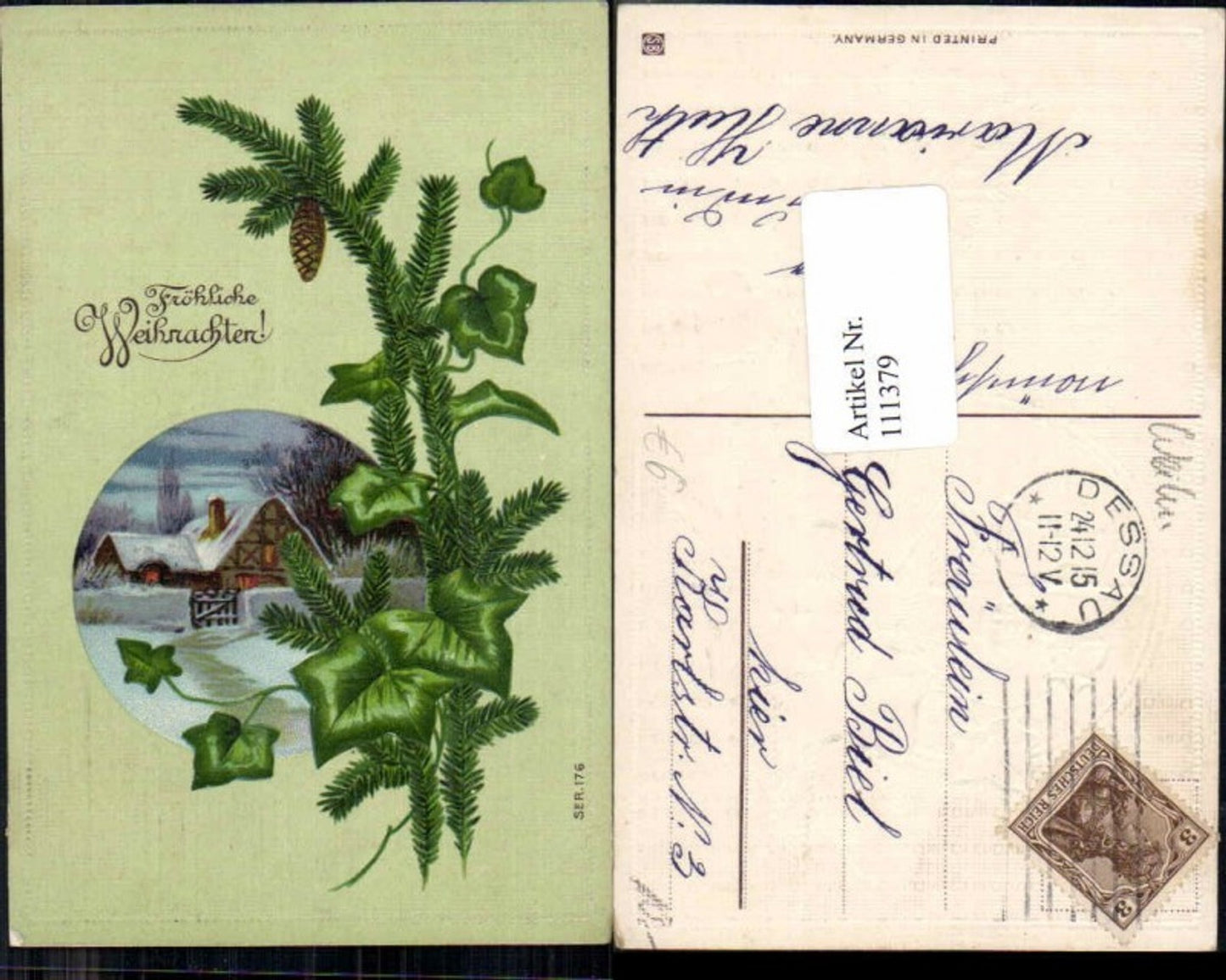 111379, Christmas Great embossing lithograph house fir branches cones