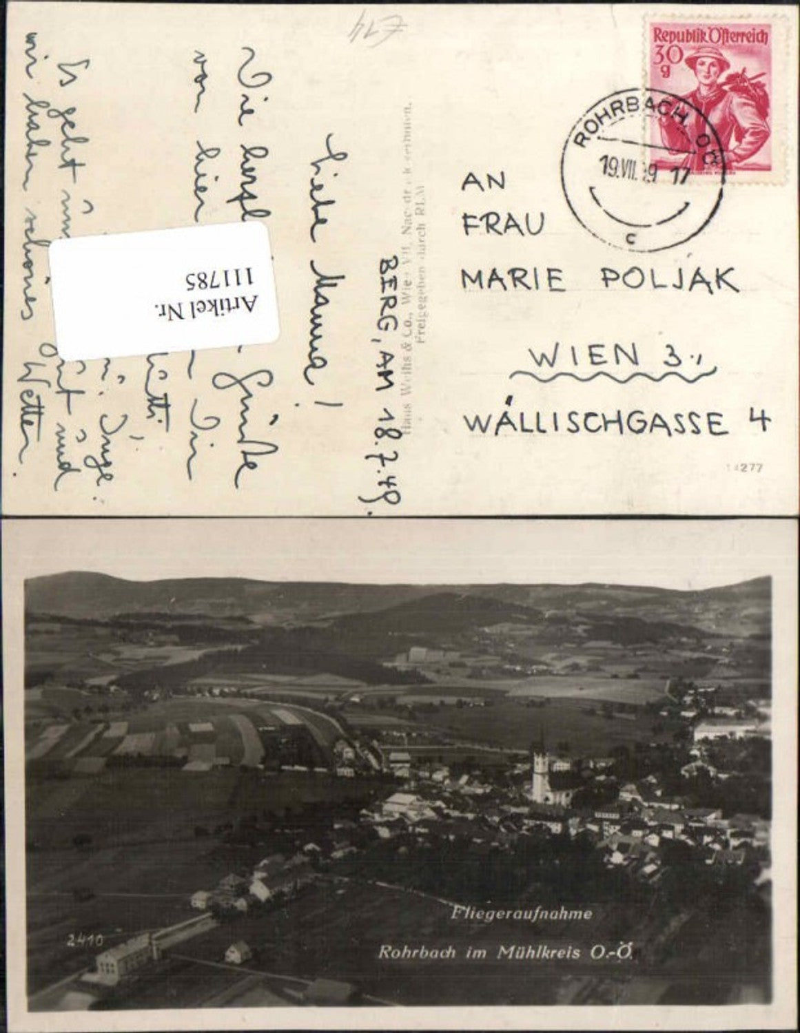 111785, Rare aerial photograph of Rohrbach im Mühlkreis 1945