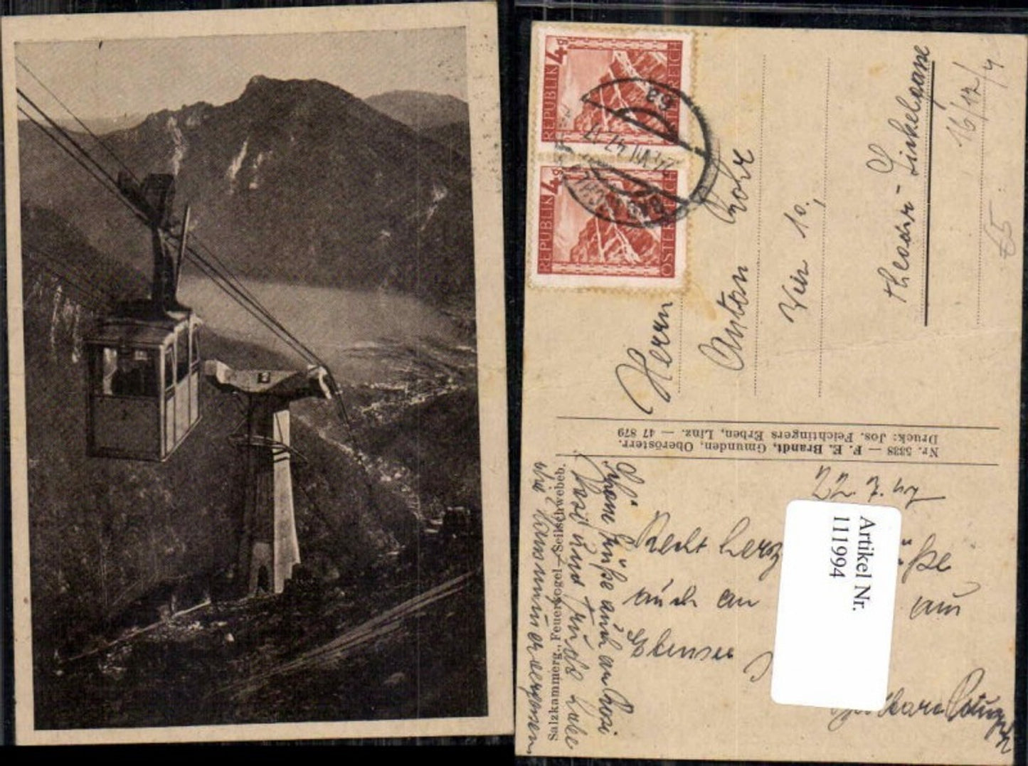 111994,Feuerkogel Ebensee Seilschwebebahn Seilbahn Gondel Brandt Nr 5338