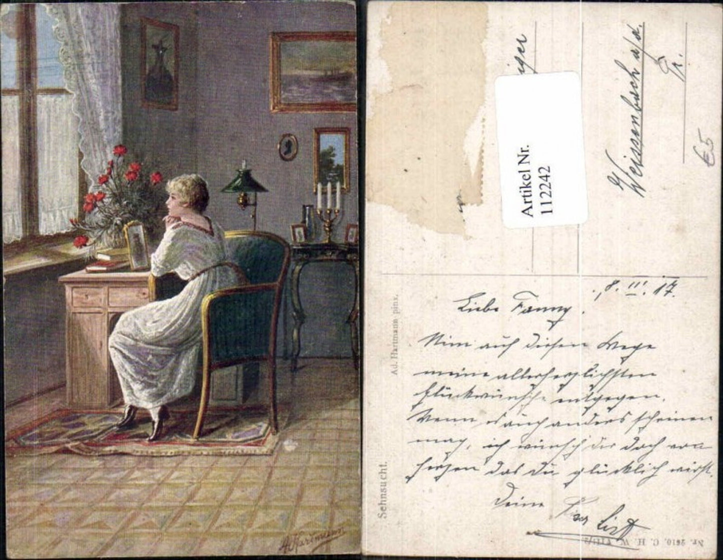 112242, Ad. Hartmann sign sehnsucht Frau am Tisch vor Soldaten Bild
