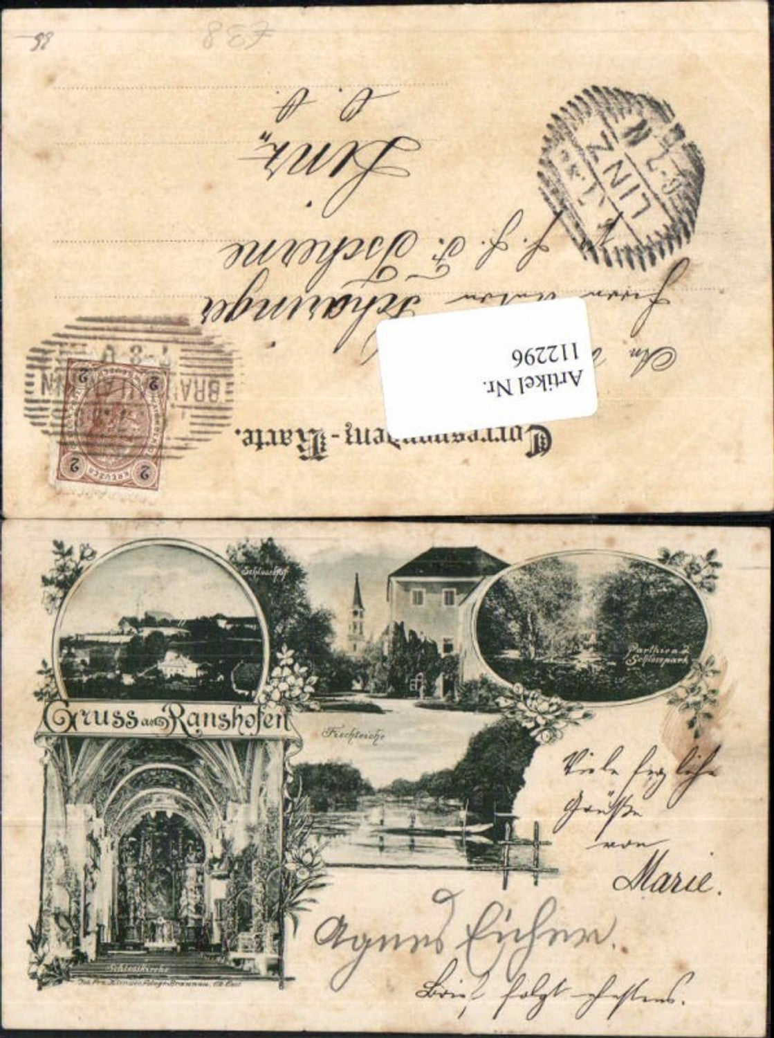 112296,Gruss aus Ranshofen Fischteich Schlosspark Kirche 1897