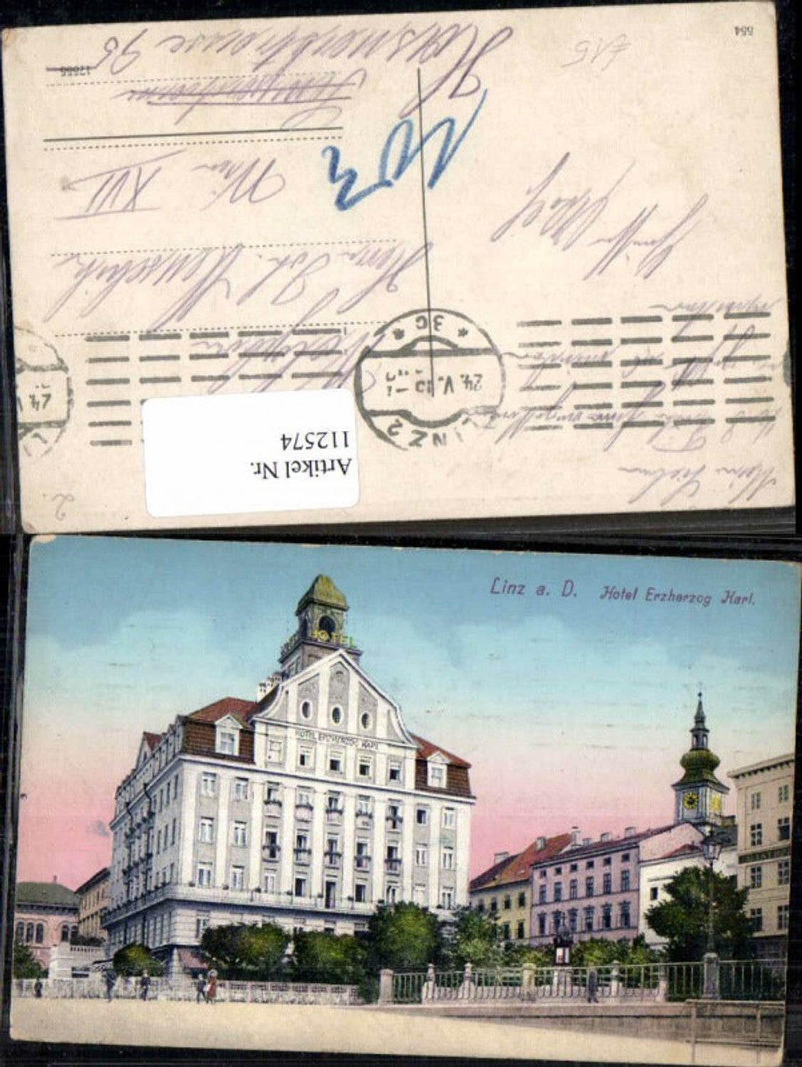 112574,Linz a.d. Donau Hotel Erzherzog Karl von Habsburg m. Laterne 1905