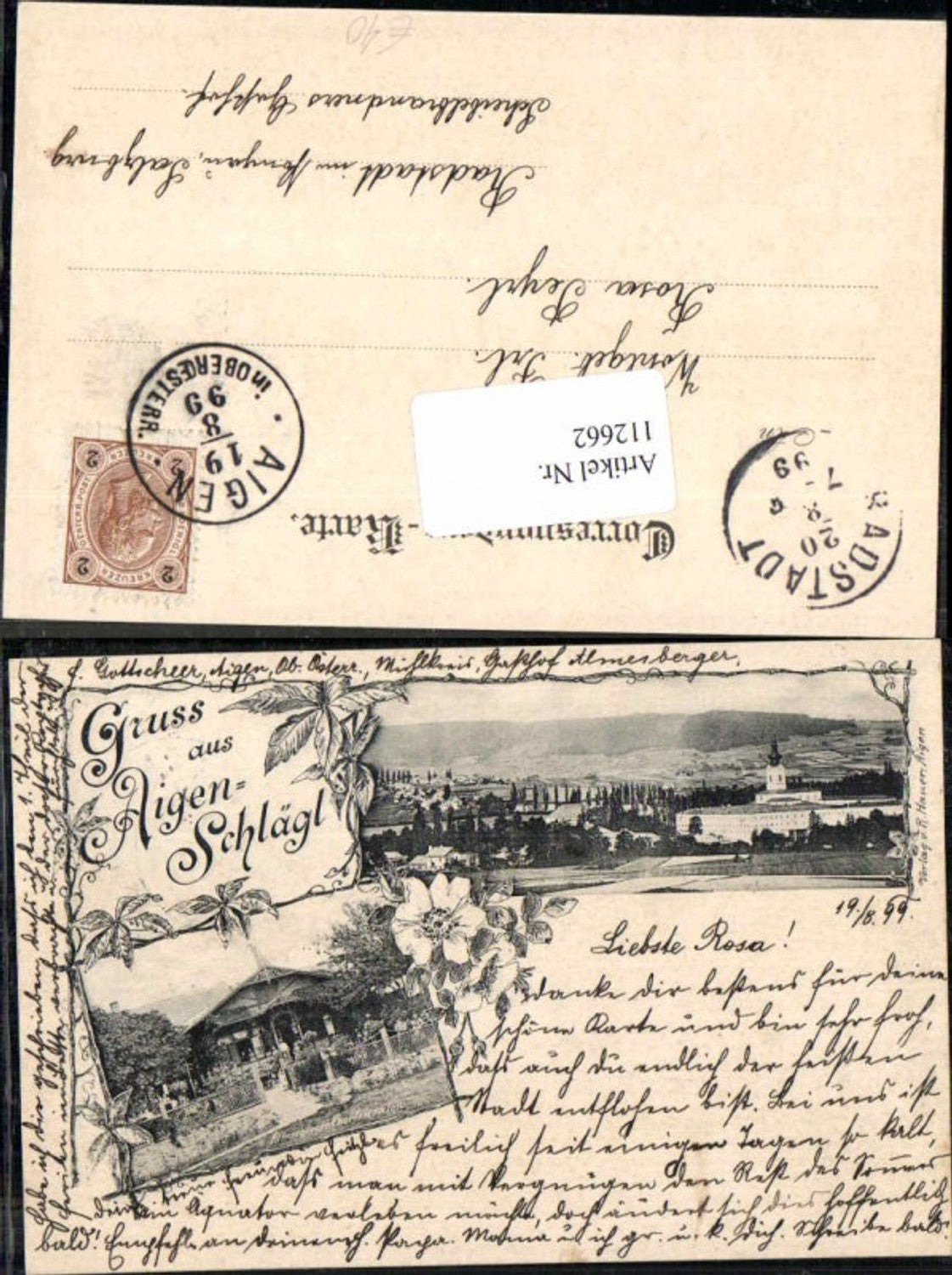 112662,Gruss aus Aigen Schlägl Gartensalon Almesberger Seltene AK 1898