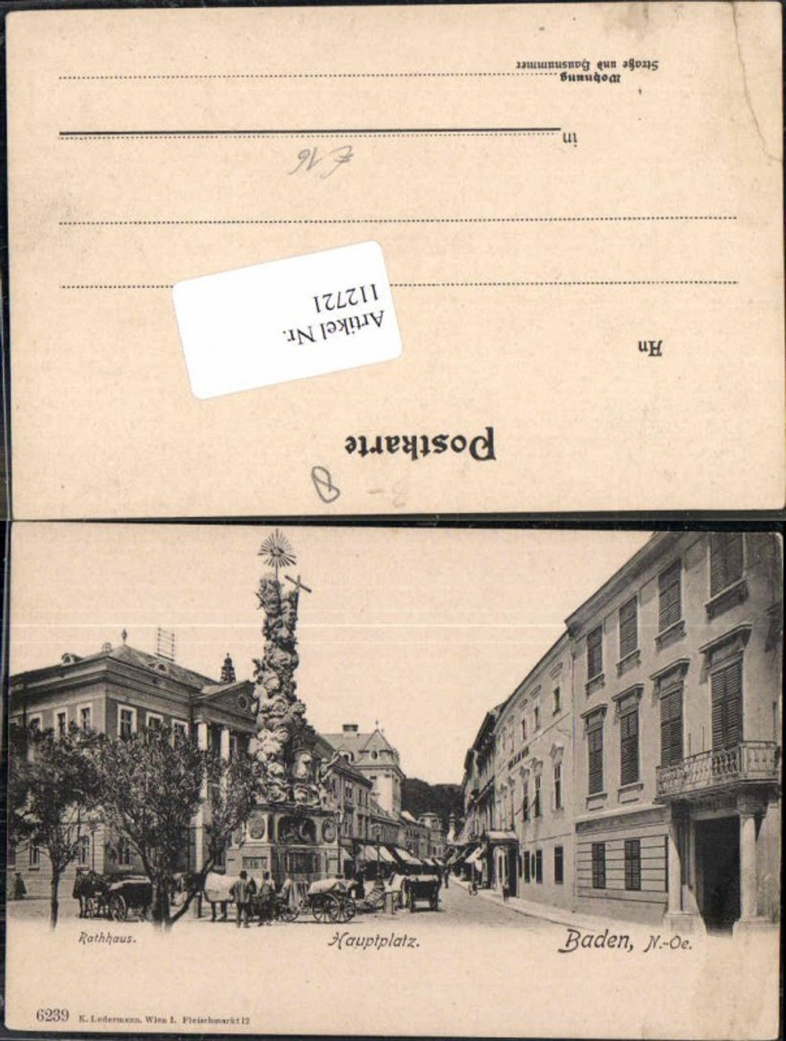 112721,Baden bei Wien Hauptplatz Rathhaus Kutschen Denkmal