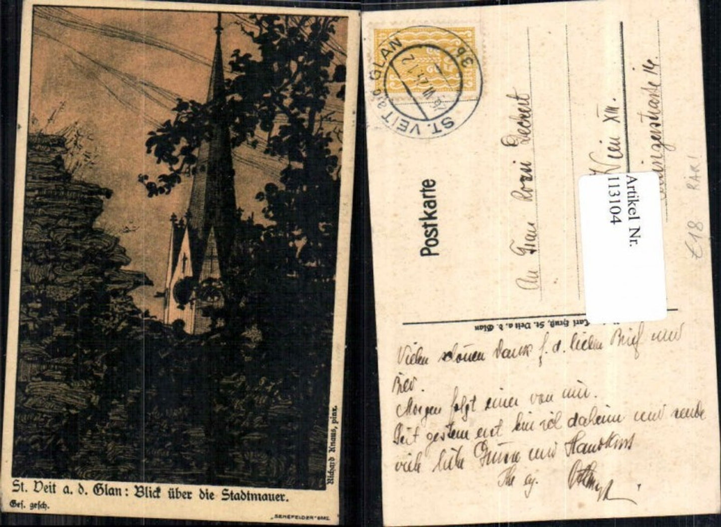 113104,Künstler Steindruck St Veit a.d. Glan Stadtmauer Richard Knaus sign.