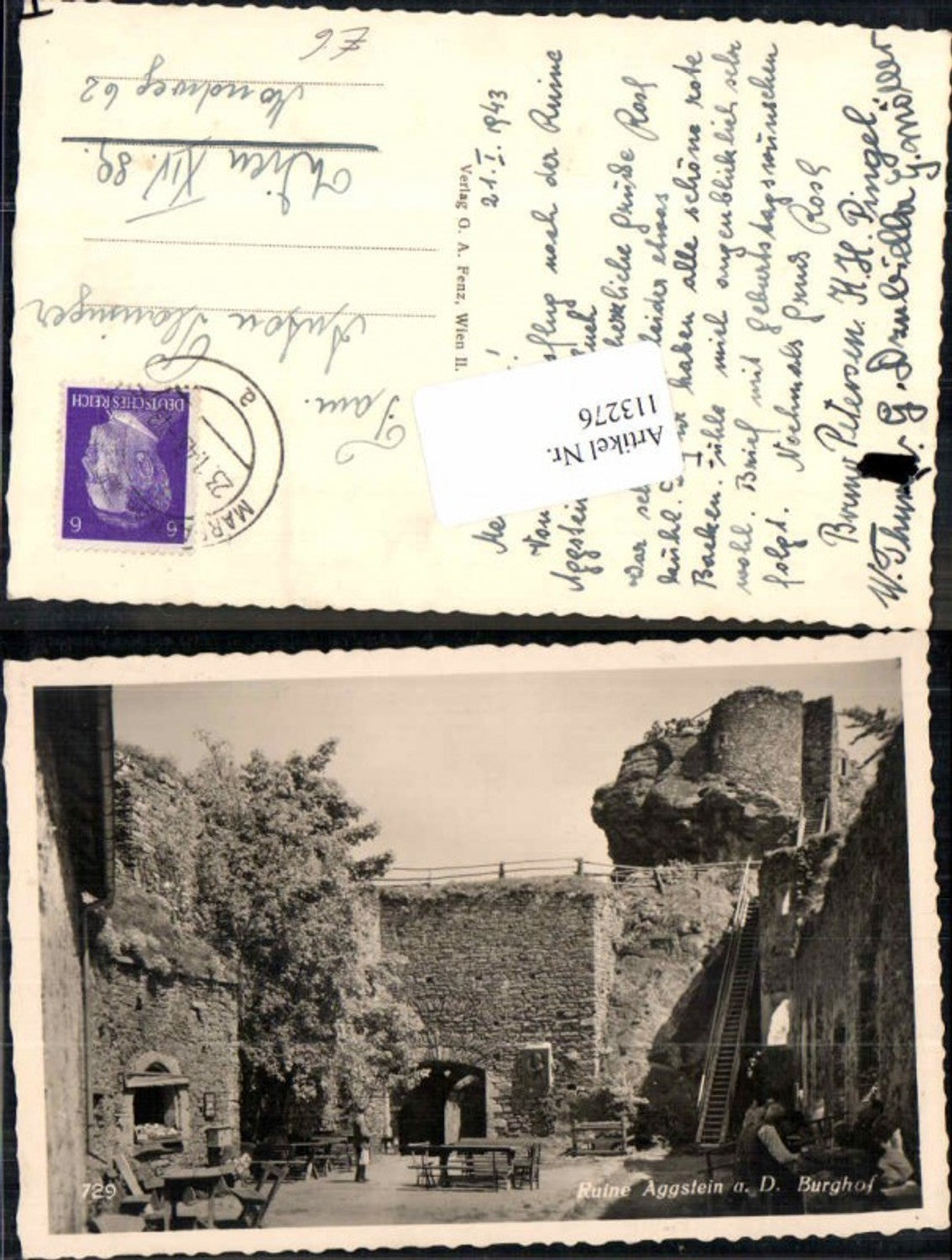 113276, photo postcard of the Aggstein ruins on the Danube, Burghof, rare postcard, 1938