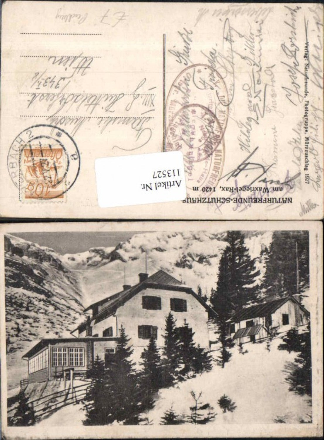 113527,Naturfreundeschutzhaus Waxriegel Rax bei Reichenau 1927