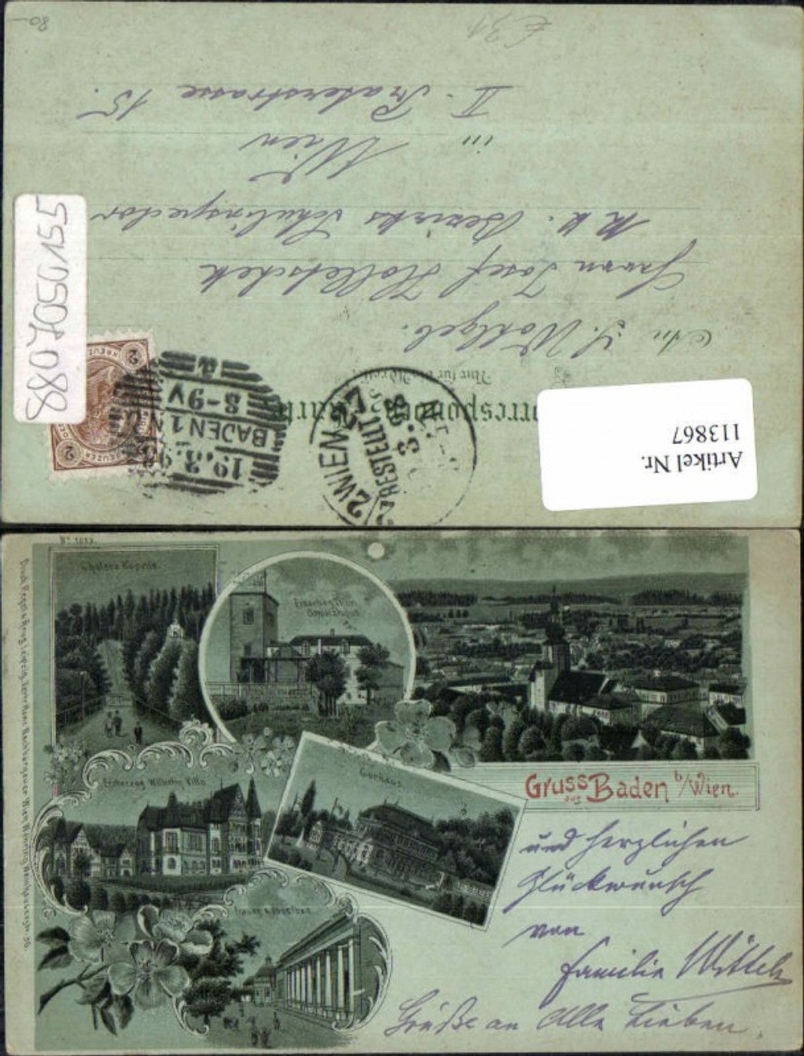 113867,sehr seltene Mond Litho Gruss aus Baden bei Wien 1898 Erzherzog Wilhelm Villa Eisernes Thor