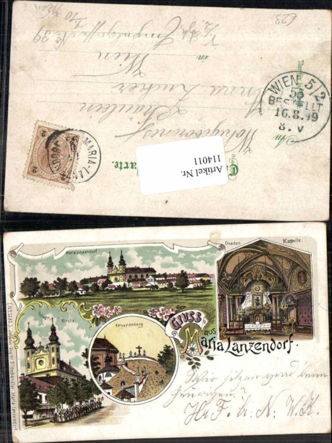 114011,Tolle Litho Gruss aus Maria Lanzendorf Kalvarienberg Kirche 1898