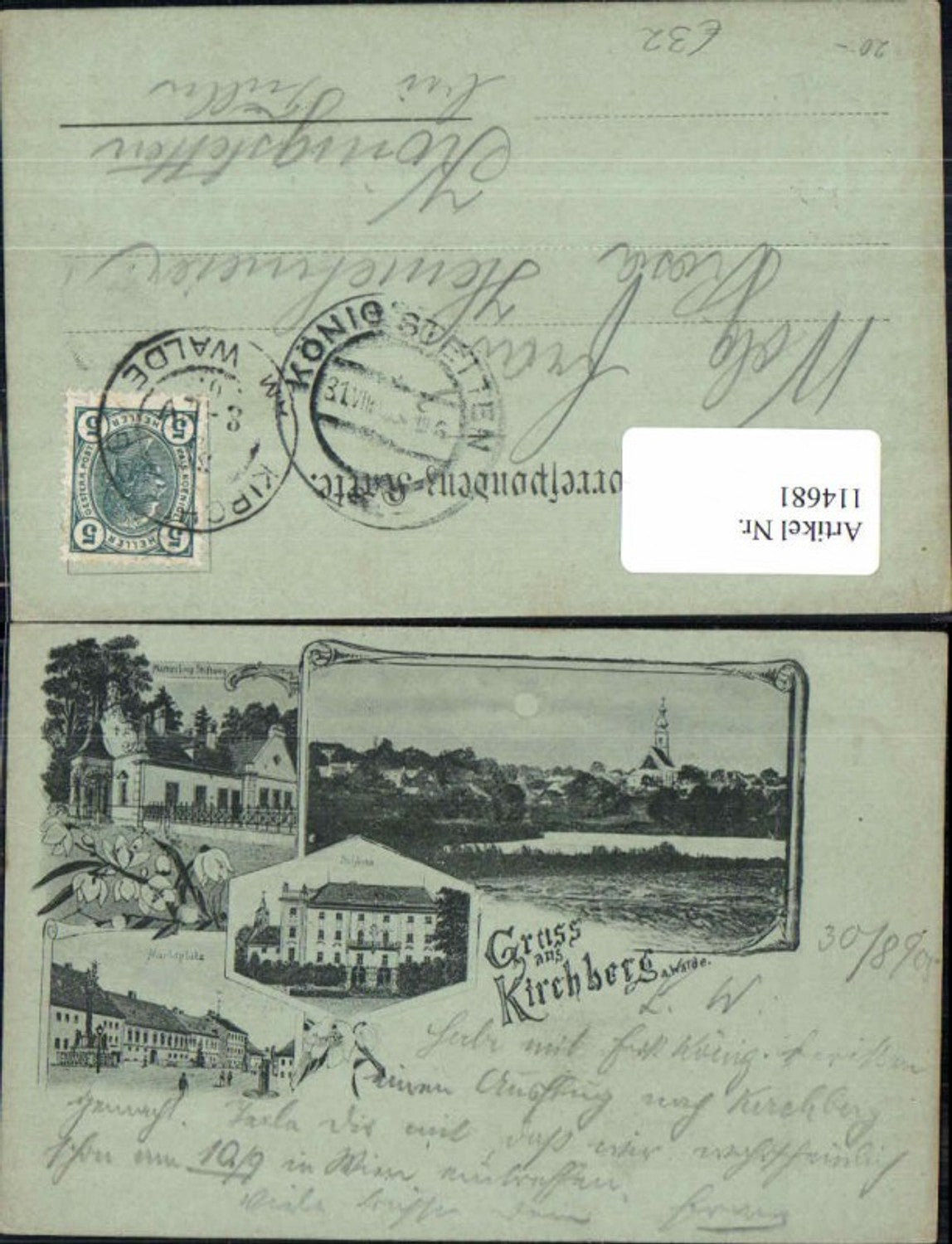 114681,Mond Litho Gruss aus Kirchberg am Walde Markt Schloss 1897