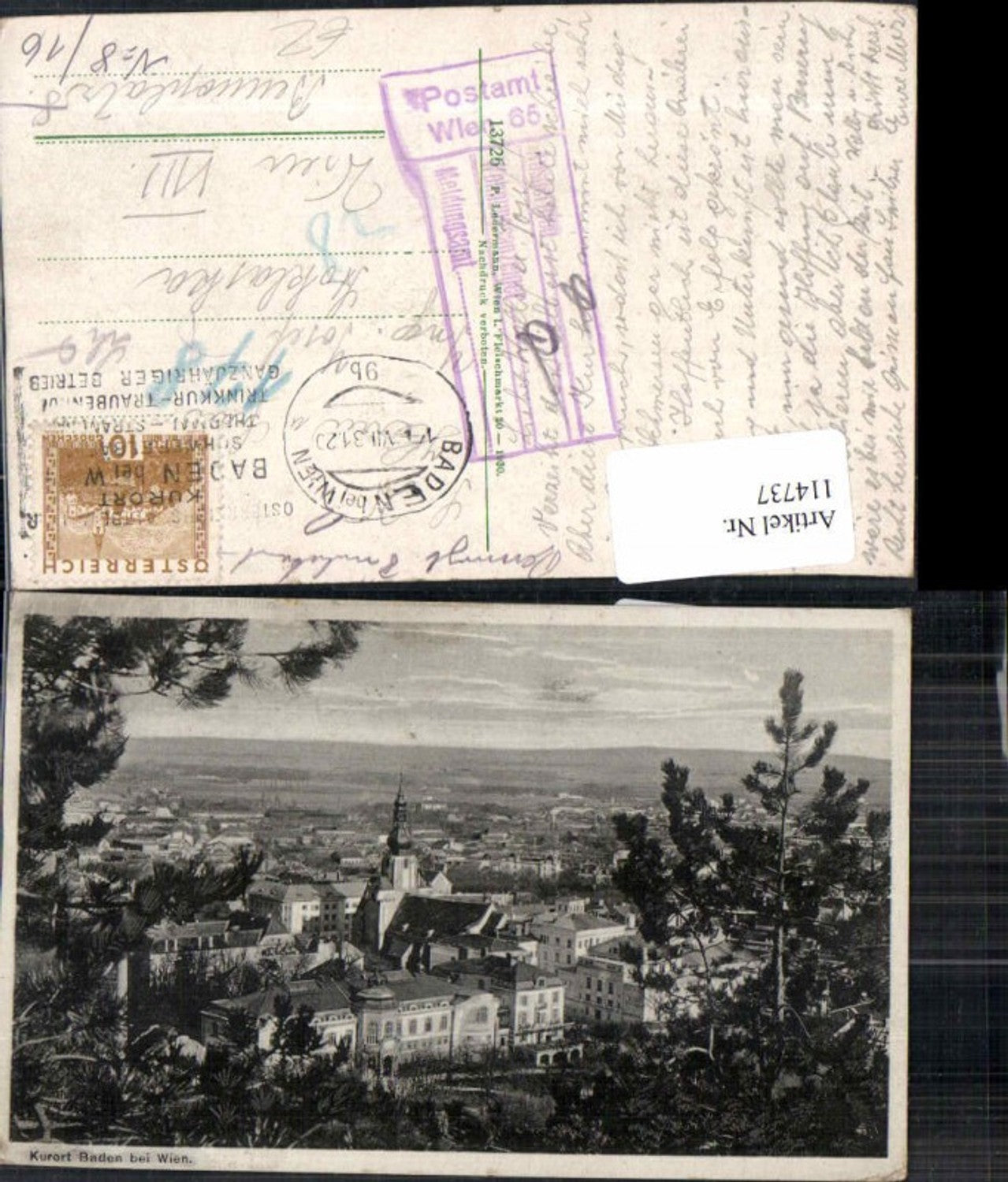 114737,Baden bei Wien Totale Stempel Wien Postamt 65 ausgehändigt