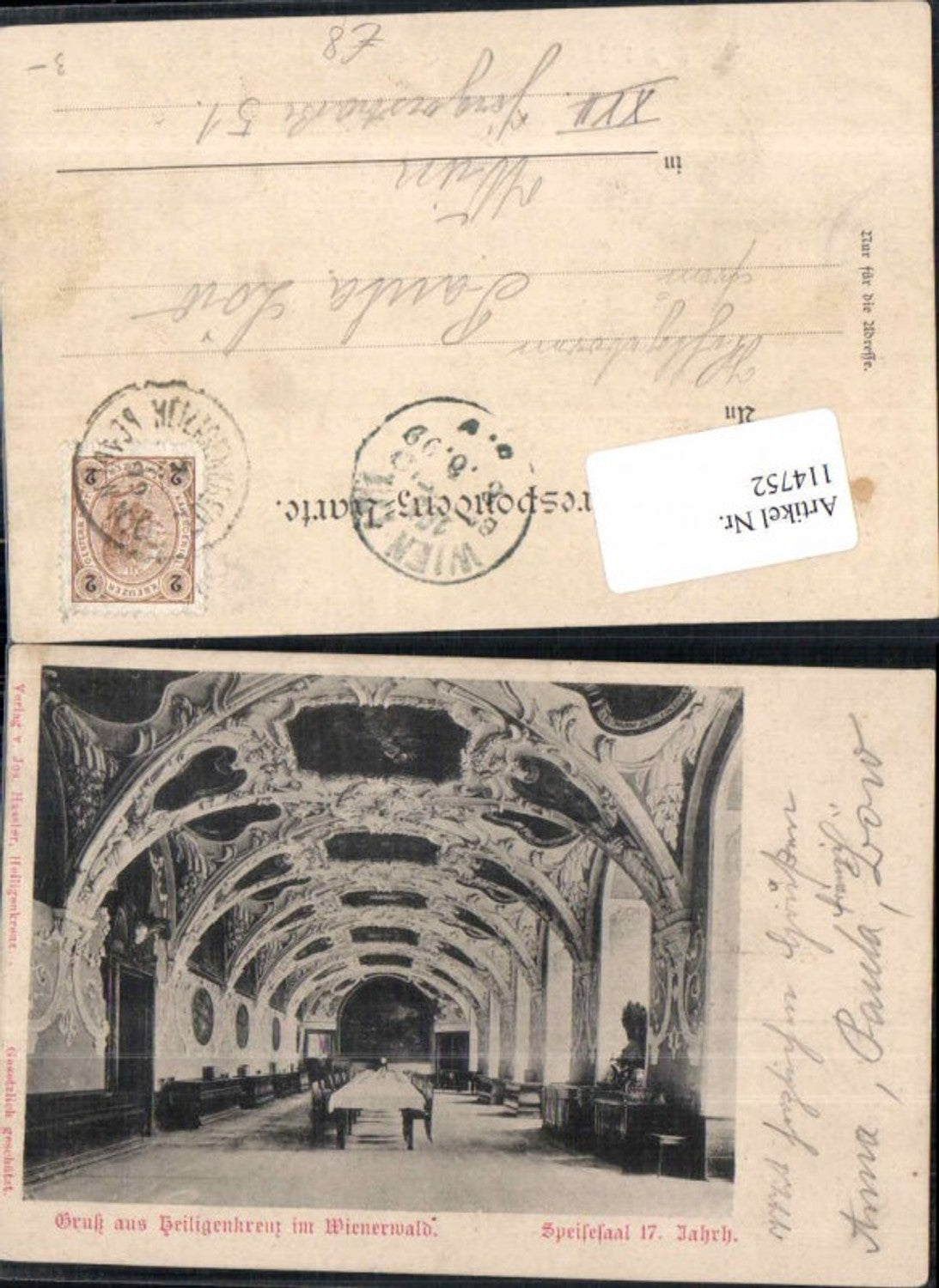 114752,Gruss aus Heiligenkreuz bei Baden Speisesaal 1897