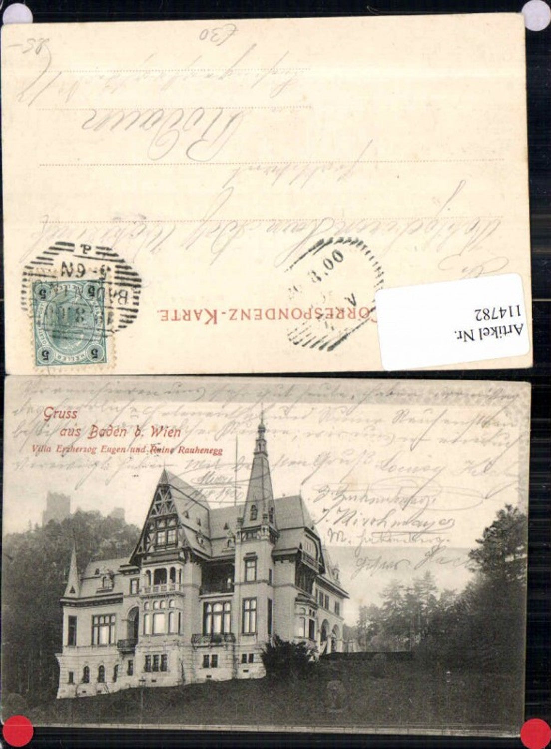 114782,Gruss aus Baden bei Wien Villa Erzerherzog Eugen Ruine Rauhenegg Helenenthal 1898