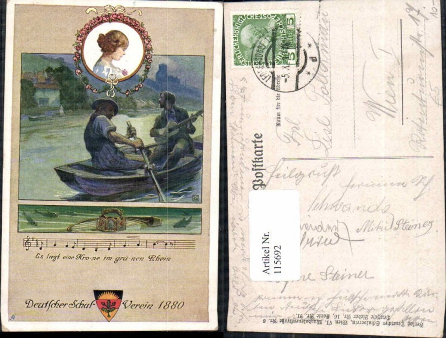 115692,Deutscher Schulverein Deutsche Lieder 16 Karte 91 Es liegt eine Krone am Rhein Boot