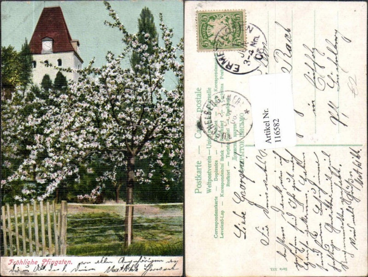 116582,Pfingsten Blühender Strauch m. Kirche