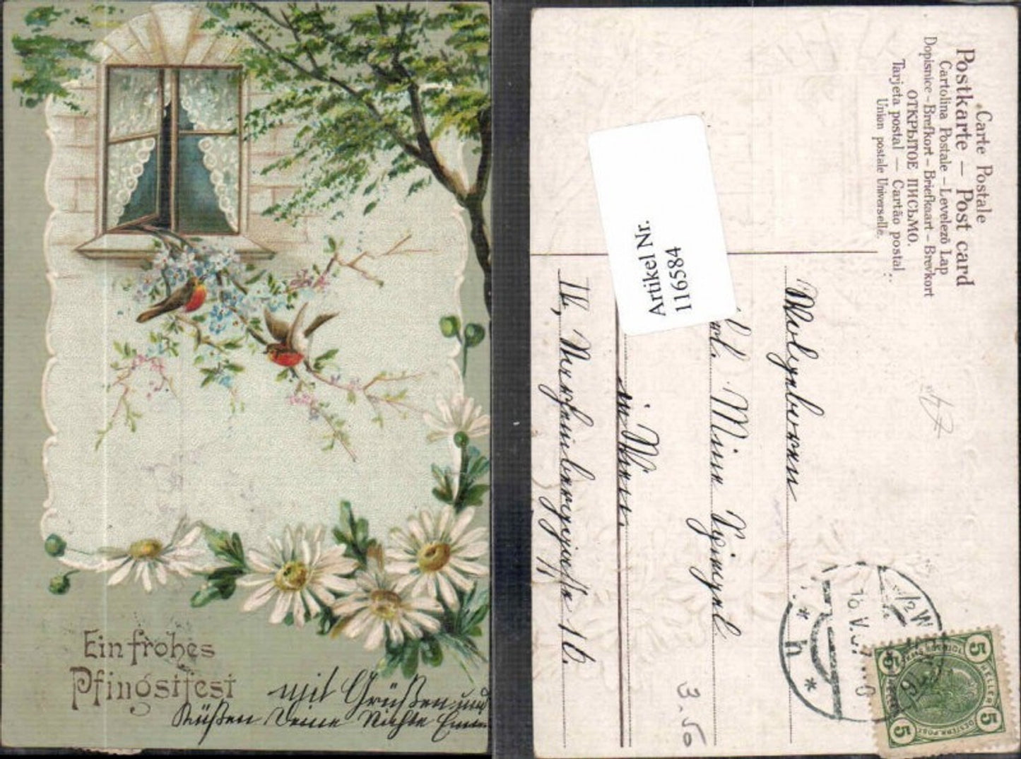 116584,Tolle Präge Litho Vögel Haus Fenster Blumen Gänseblümchen