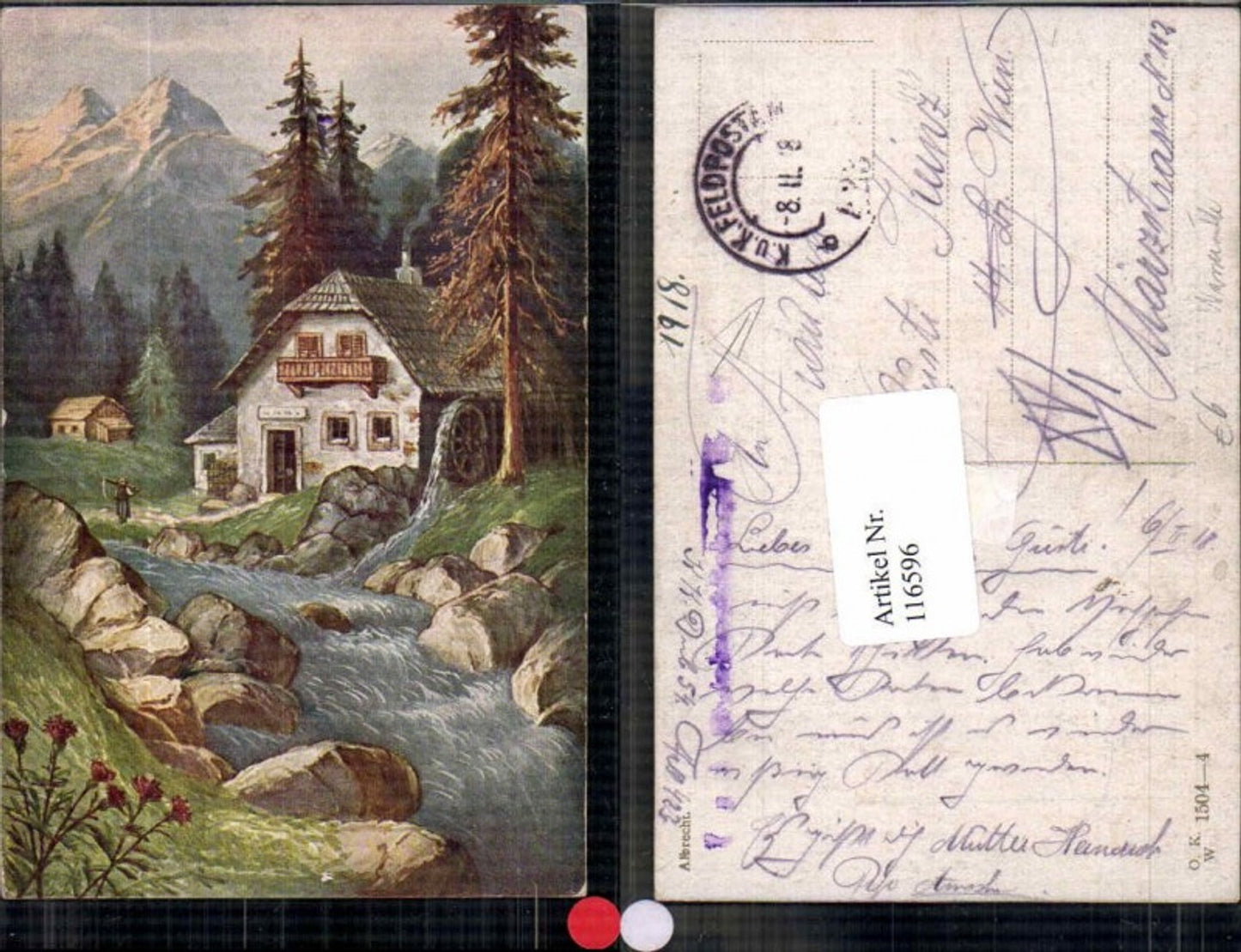 116596, Artist postcard, artist AK, watermill, waterwheel, mill with mountains, Albrecht, signed, field post