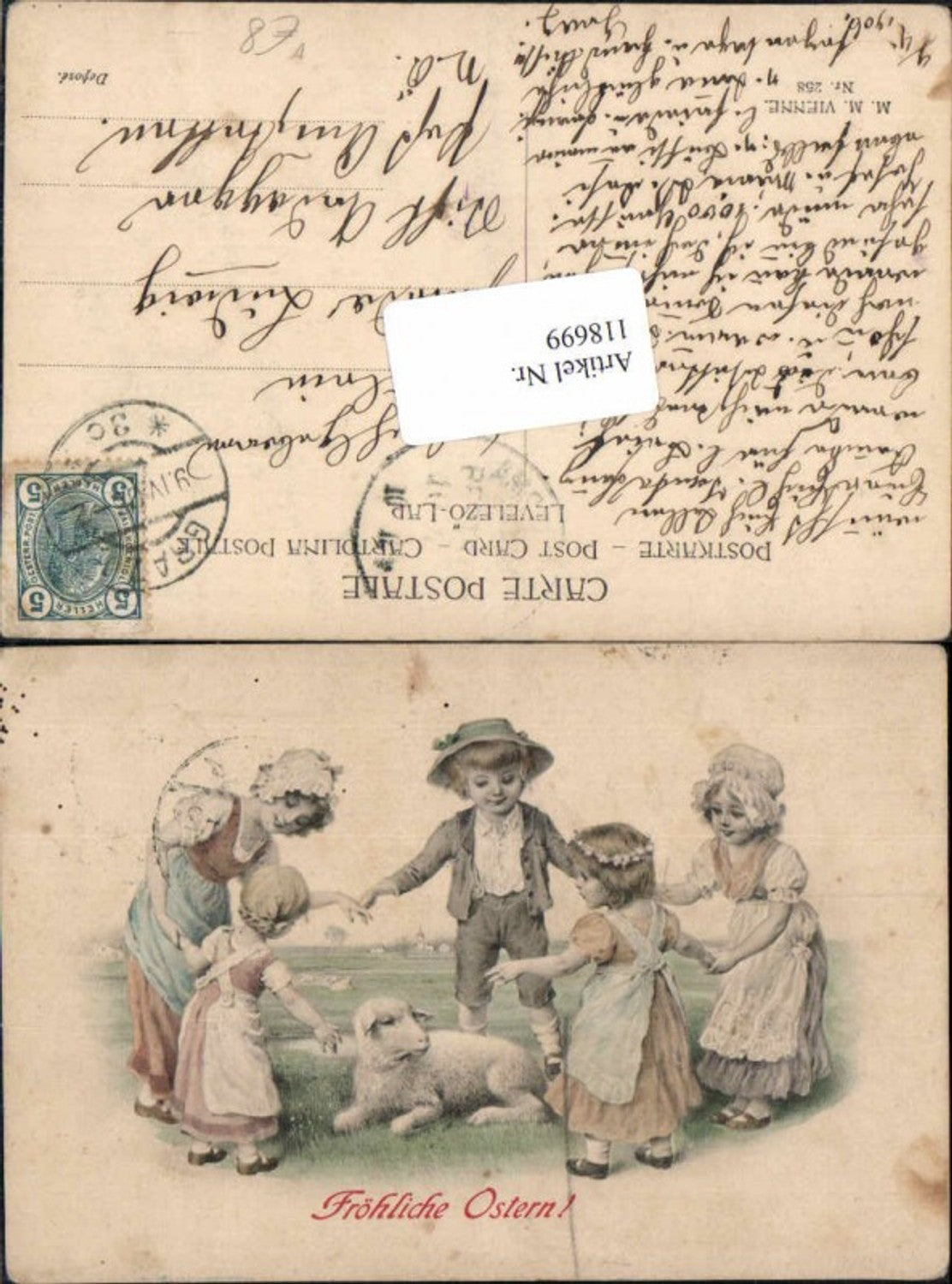 118699;M.M. Vienne Munk 258 Jugendstil Ostern Kinder Schaf Süsse Karte