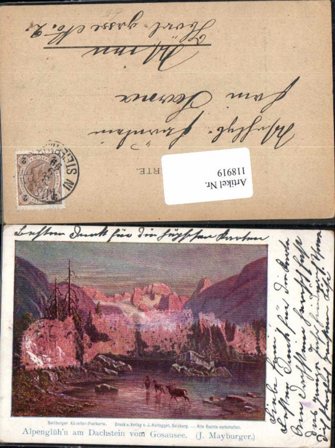 118919,Alpenglühn am Dachstein b. Gosau Gosausee J. Mayburger sign