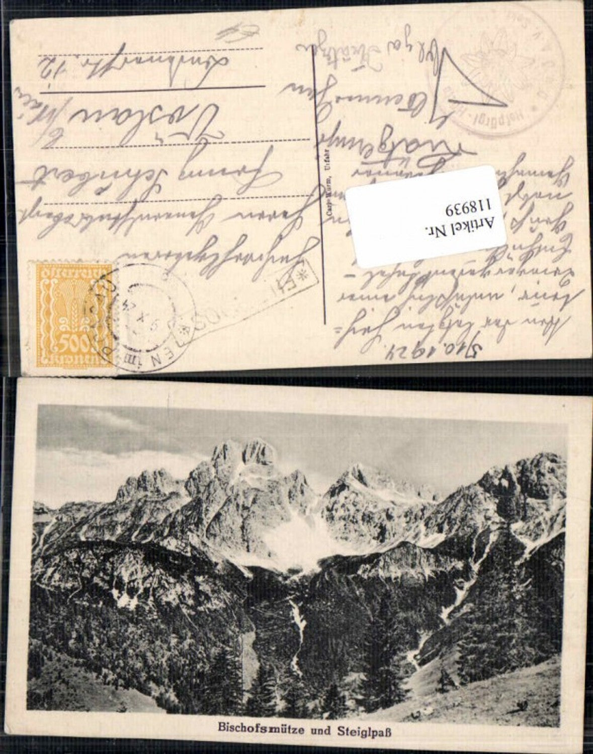 118939,Bischofmütze Steiglplass Gosau 1924 Postablage Filzmoos Eben