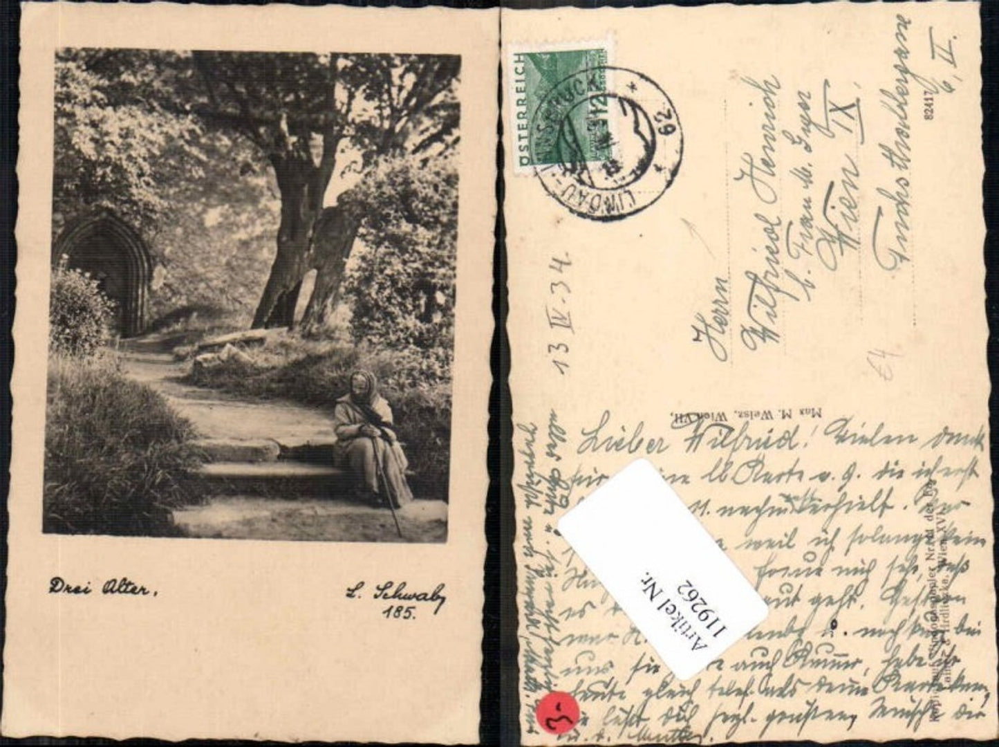 119262,Drei Alter pub Schwab Nr 185 Alte Frau Baum Kapelle Bahnpost Lindau Innsbruck 62 Zug