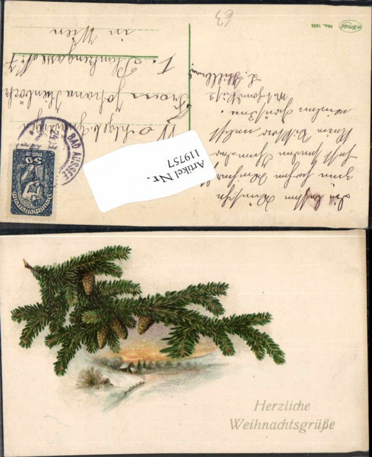 119757, Christmas fir branch pine cone winter lithograph
