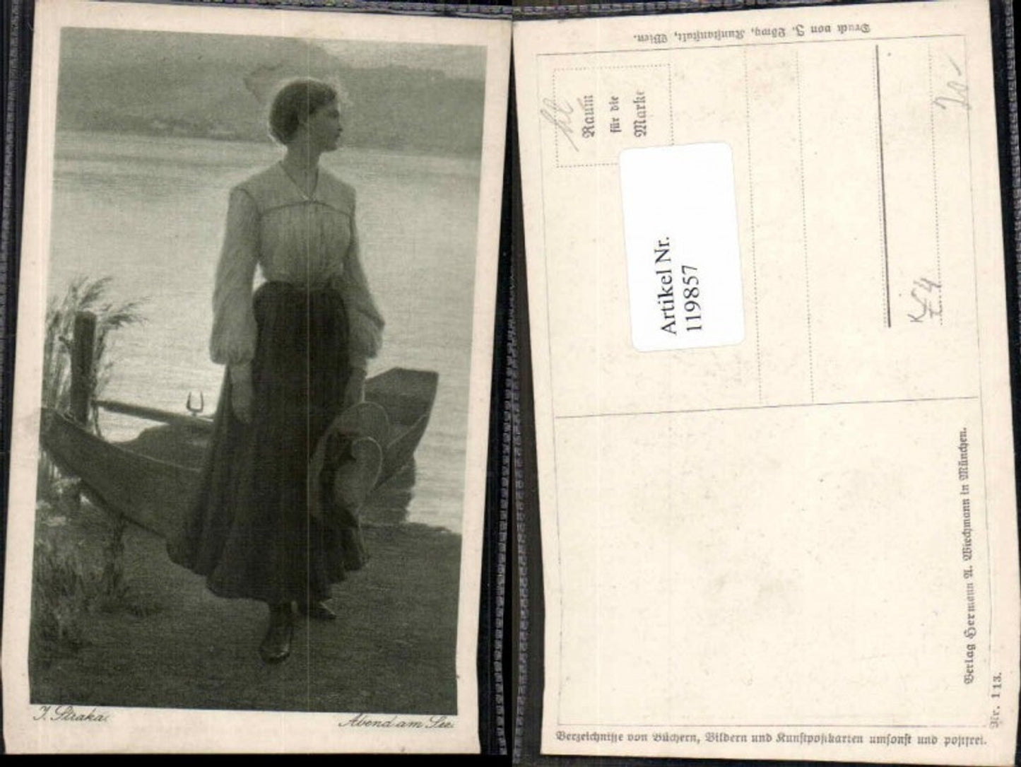 119857,Josef Straka Abend am See Frau Hut Boot