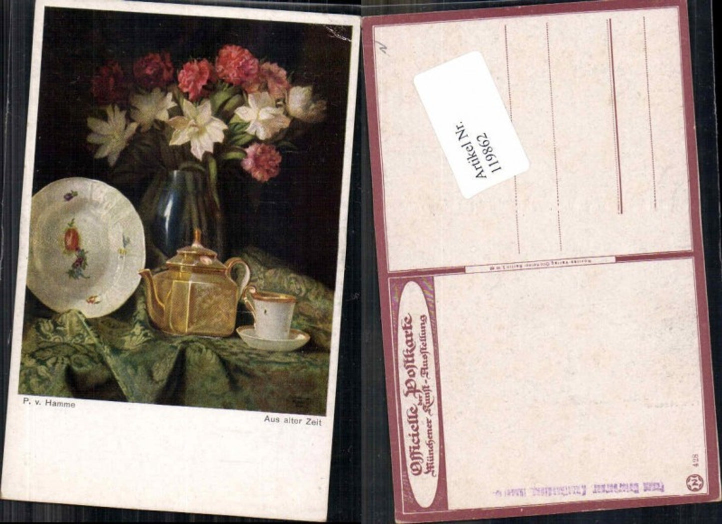 119862,P.v. Hamme Aus alter Zeit Geschirr Stilleben Stillleben Tasse Teller Tisch Blumen