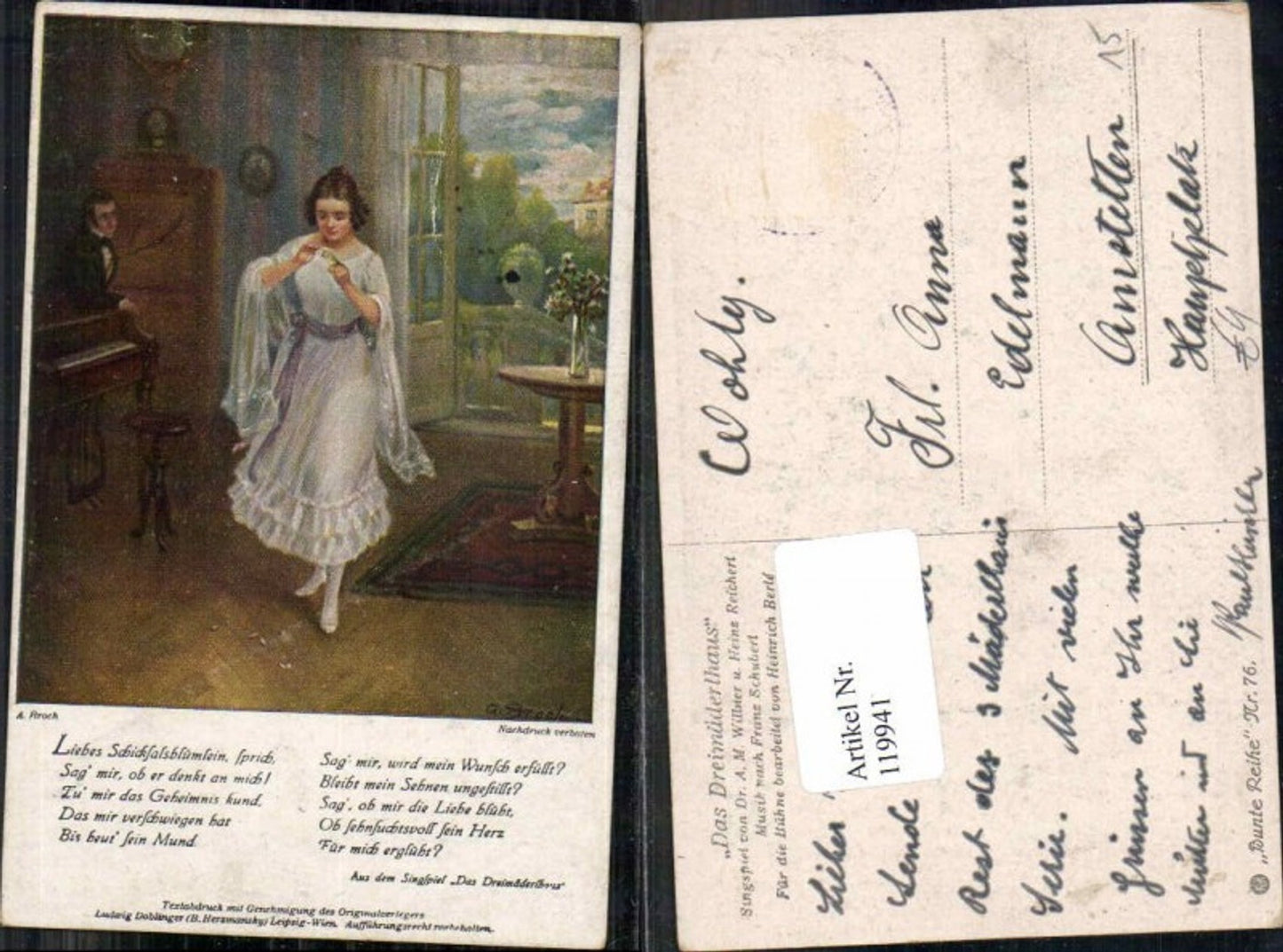 119941,A. Broch Dreimäderlhaus Liedkarte Frau Kleid