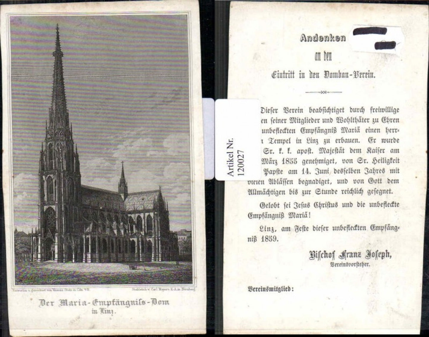 120027,RAR Stahlstich um 1859 Heiligenbildchen Linz a.d. Donau Maria Empfängnis Dom