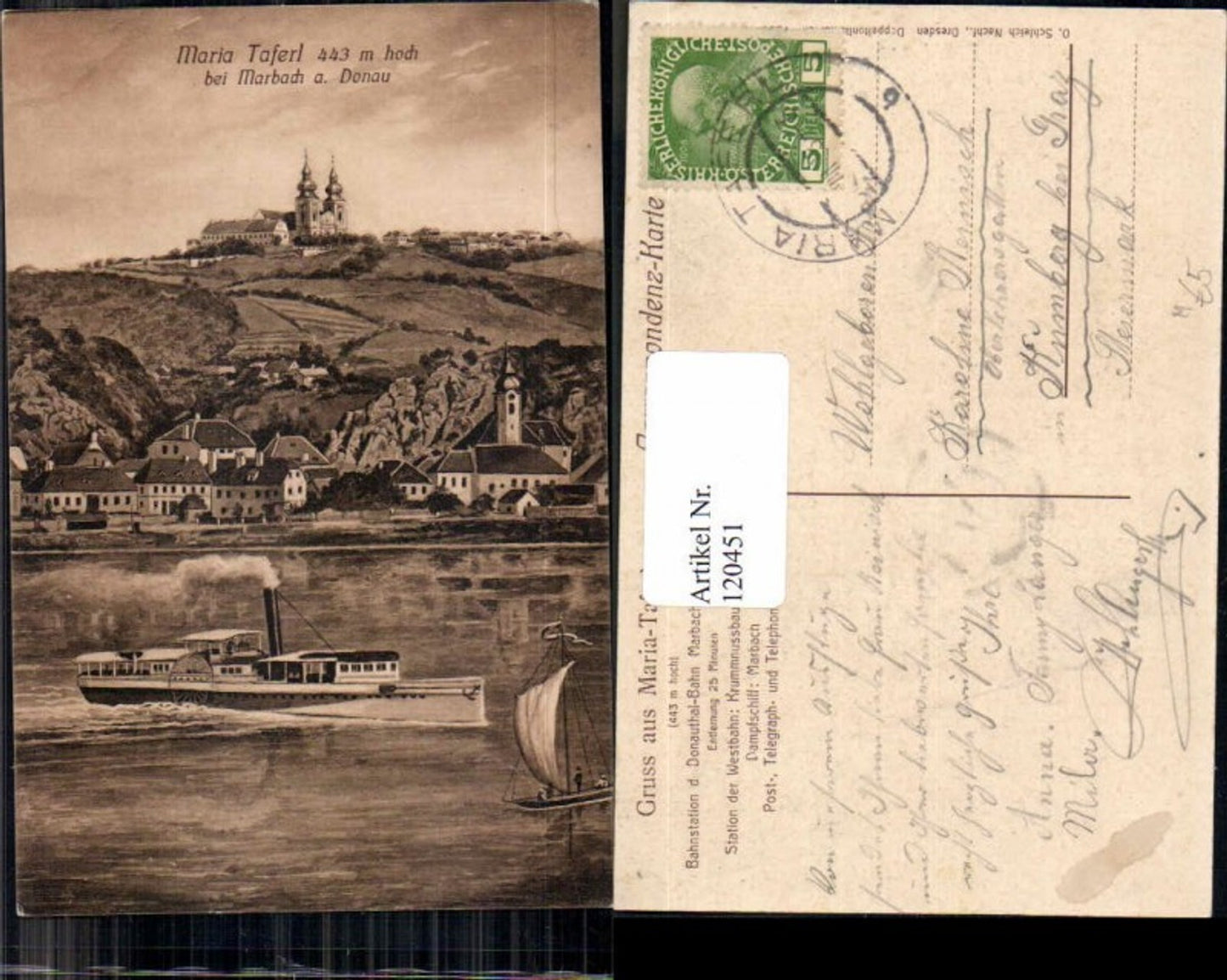 120451, Maria Taferl near Marbach on the Danube, steamer on the river with small sailing ship, 1910
