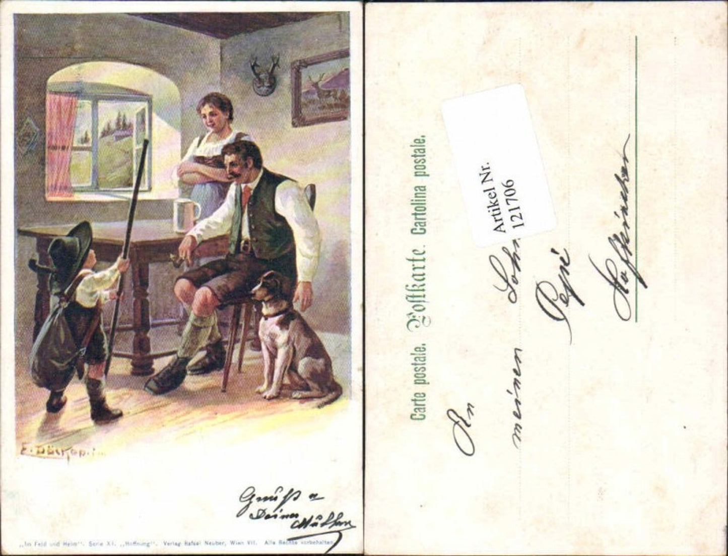 121706,E. Döcker Litho Jäger Hund Junge Jagd Gehstock Tracht Tiroler Trachten pub Neuber