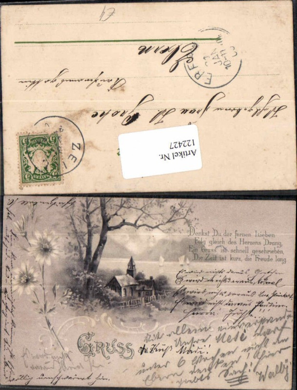 122427,Litho Blumen Kirche am See Gruss aus AK 1899
