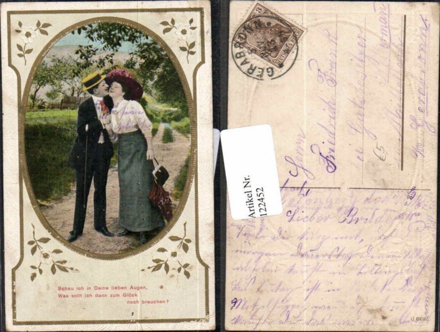 122452,Präge Litho Frau m. Hut Mann m. Hut Handtasche Schirm