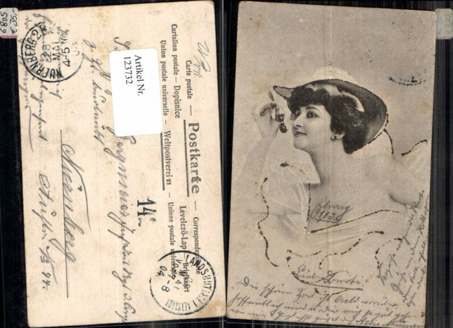 123732,Tolle Künstler AK Frau m. Kirschen und Hut Mode Fashion Jugendstil