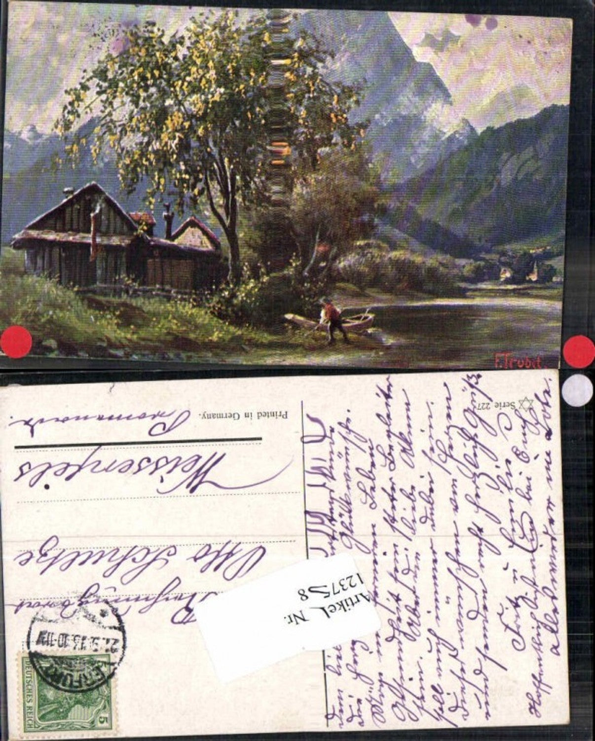 123758,F. Trubet Haus am Ufer Boot Künstler AK Berge