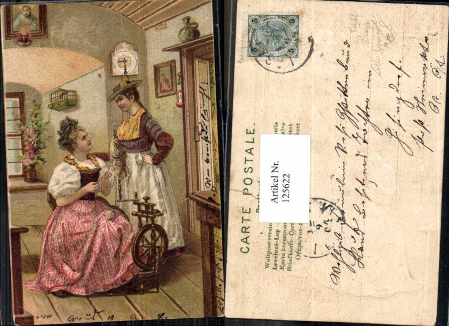 125622,Tolle Präge Litho Spinnrad Frau spinnen Kleid Tracht 1900 Uhr