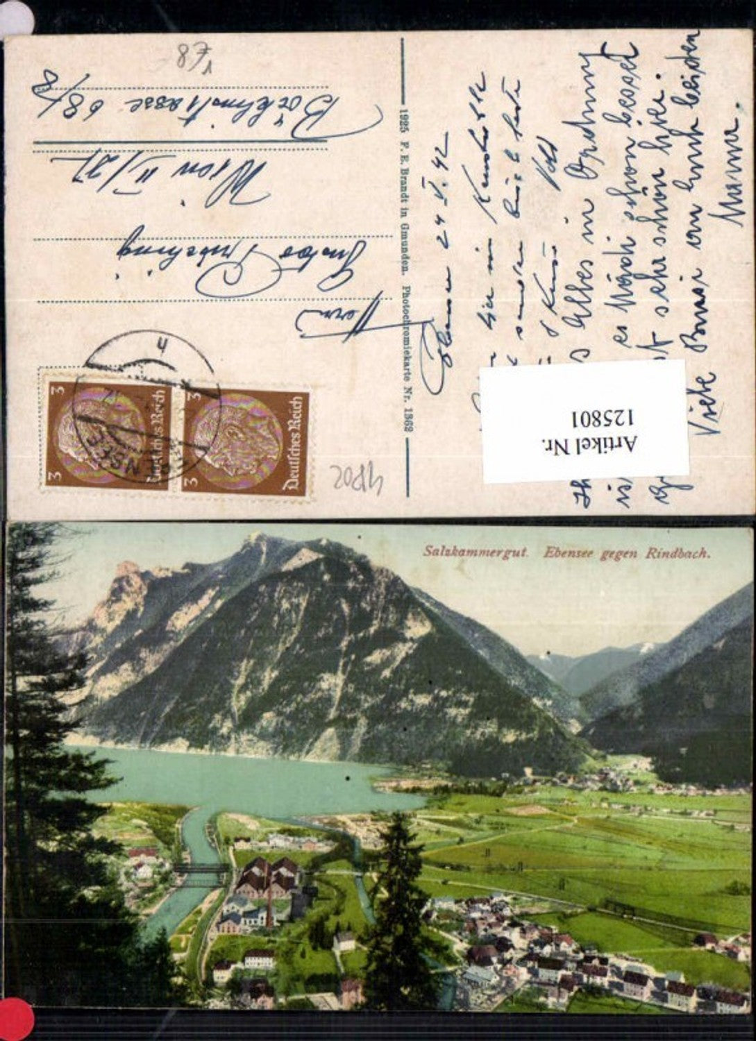 125801,Ebensee gegen Rindbach Tolle Karte Salzkammergut pub Brandt 1362