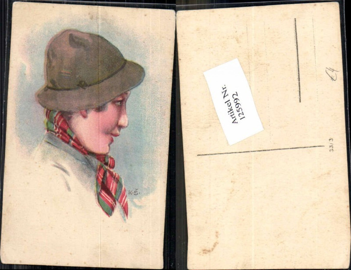 125992,Künstlerkarte Kind Hut Kindskopf Portrait sign K.S.