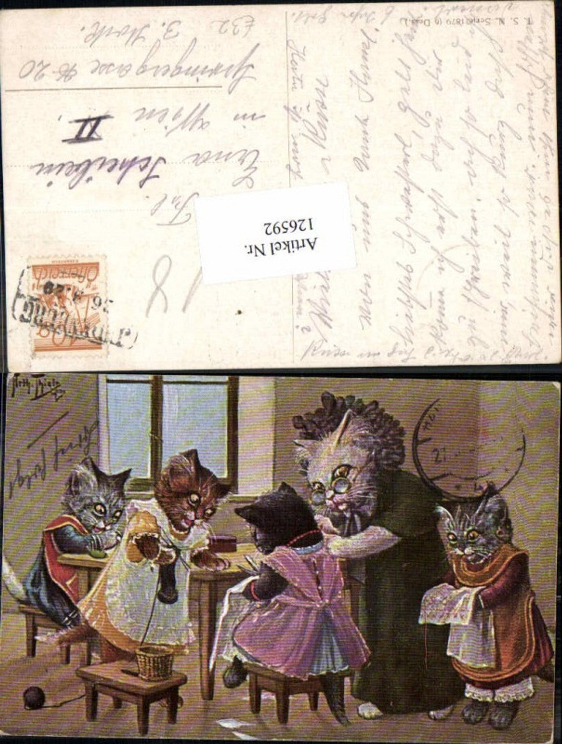 126592,Arthur Thiele Vermenschlichte Personifizierte Katzen stricken nähen Theo Stroefer 1879