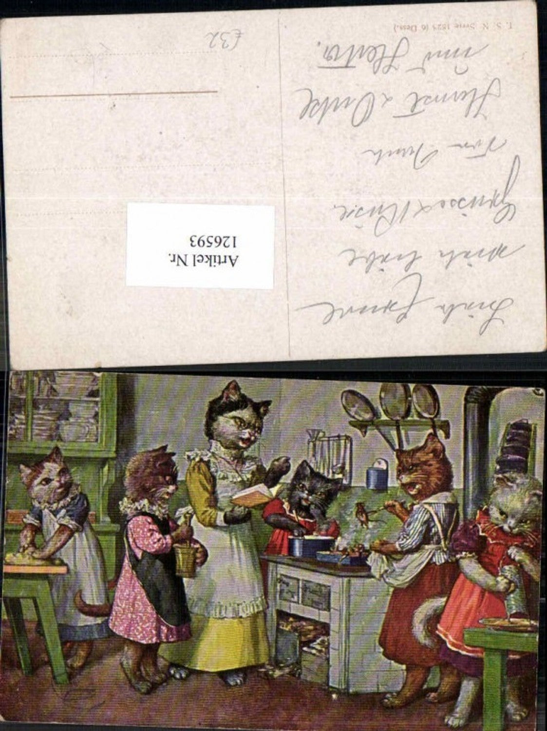 126593,Arthur Thiele vermenschlichte Katzen personifizierte am Herd kochen Theo Stroefer 1823