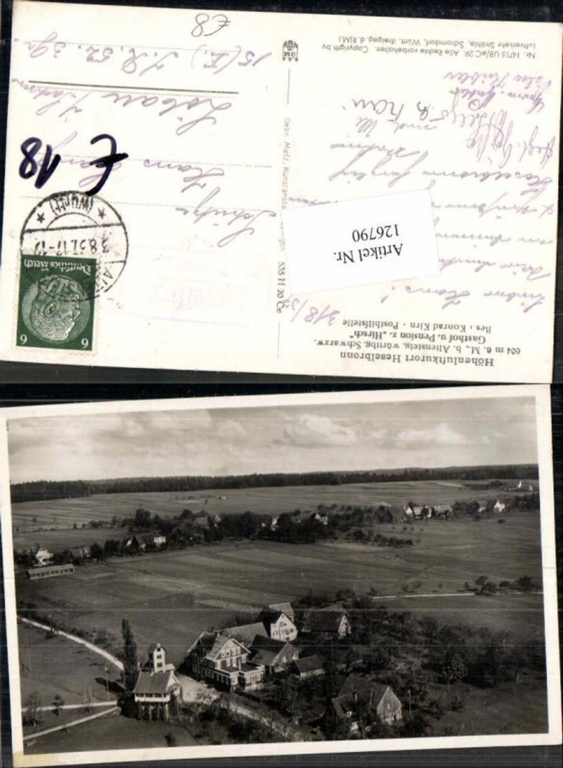 126790,Heselbronn bei Altensteig Gasthaus zum Hirsch Pension 1938 Postablage Stempel