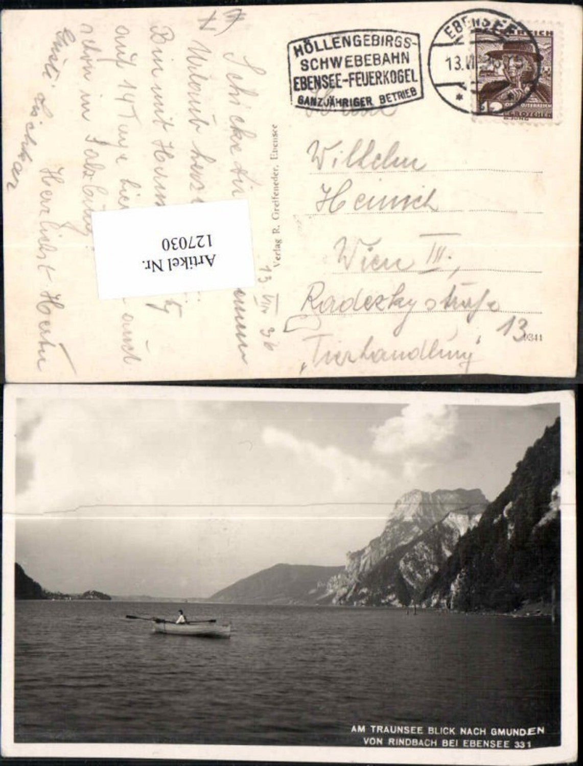 127030,Partie am Traunsee Blick nach Gmunden voin Rindbach Ebensee m. Boot 1930