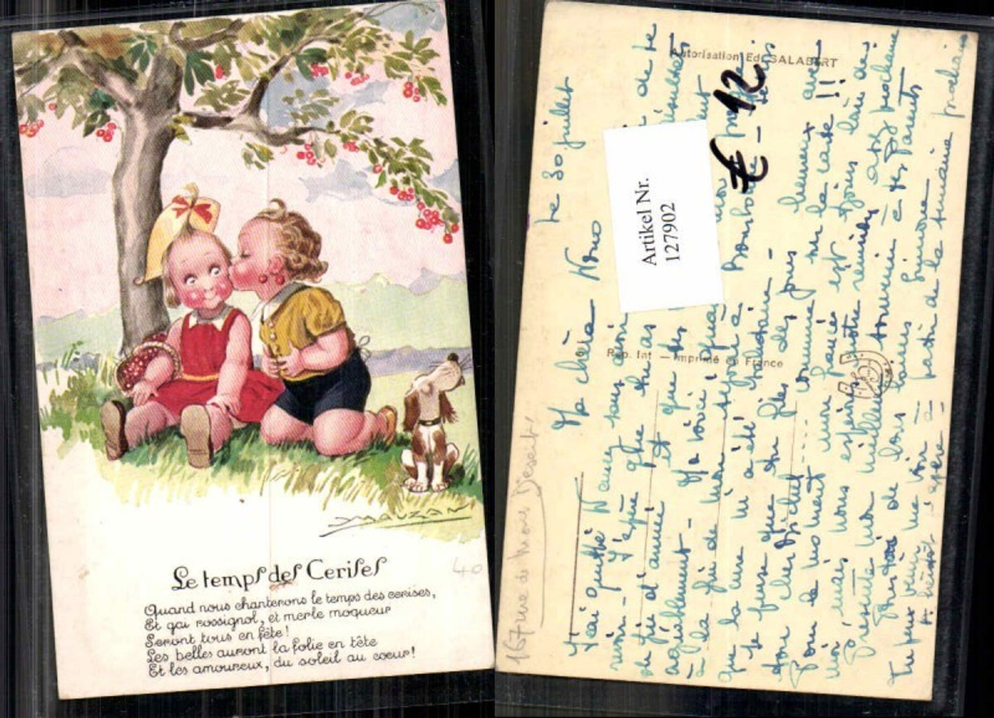 127902,Achille Mauzan sign. Süsse Kinder Hund Kuss